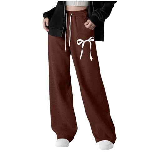 nhApmj Sweatpants for Girls Cute Bowknot Straight Leg Athletic Pants Lightweight Elastic High Waisted Drawstring Jogger Pants Fall Fashion Preppy Track Trousers