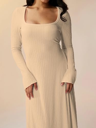 Image of Shasmi Women's Square Neck A-Line Dress - Long Sleeve, Tie Waist, Knitted Stretchable, Casual & Office Outfit, Solid Winter Midi Dress for Women (Dress 221)
