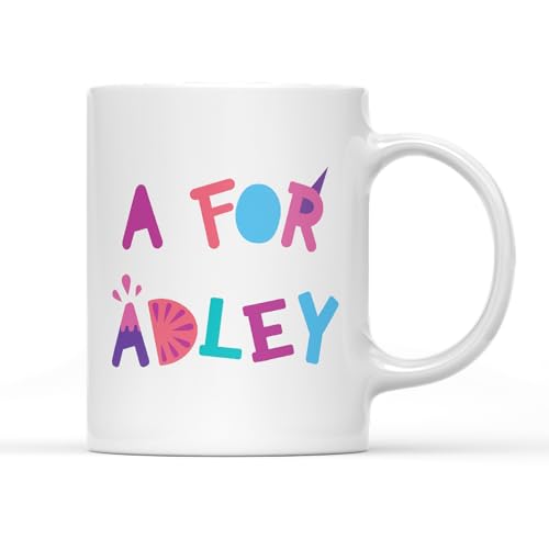 Willow Gifts Taza colorida del alfabeto, taza de té o café, Youtuber Influencer Unicornio Niñas Adley estilo Rainbow Sparkles Kids Home Cocina Regalo Regalo (Mango Blanco)