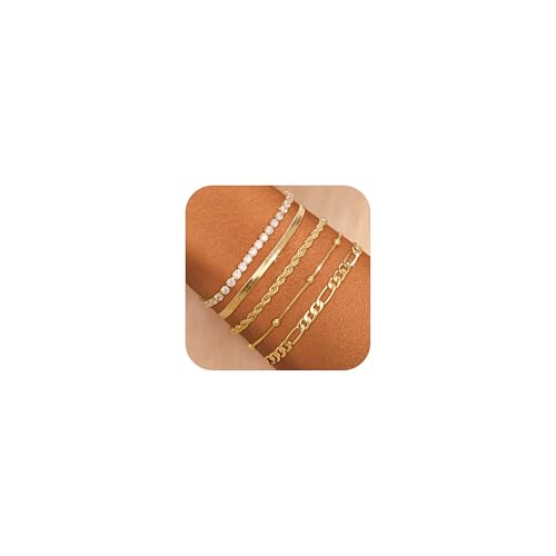 Gold Bracelets for Women, Dainty 14K Gold Plated Bracelet Stack for Women Trendy CZ Tennis Paperclip Cuban Chain Stackable Adjustable Waterproof Link Bracelet Jewelry Set Fashion Accessories Gifts