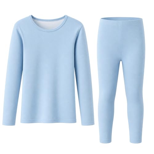 Image of Baogaier Boys Thermal Underwear Set Winter Fleece Base Layer Top Bottoms | Soft Warm, Crew Neck Shirt & Leggings Set, for School, Outdoor Activities, Spring Autumn Cold Weather Wear, Blue, 7-8 Years