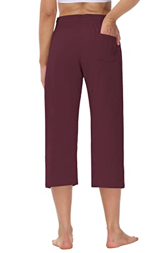 Cakulo Women's Cotton Capris Casual Summer Lounge Sweat Pants Loose Fit Plus Size Wide Leg Yoga Crop Jersey Dress Pants With Pockets Wine Red 3Xl #TOP2