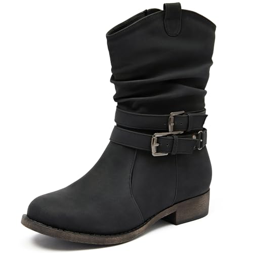 Ataiwee Women's Mid-Calf Cowboy Cowgirl Boots with Low Chunky Heel, Side Zipper, Motorcycle Style, Classic Round Toe,Fashion Western (Black/Dark Brown/Grey) Boots.