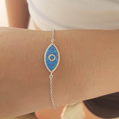 Custom Blue Opal Evil Eye Bracelet - 925 Sterling Silver Evil Eye Bracelet with CZ Stones, Protection Arm Band for Women, 7 + 1 Inch Extension - Image 5