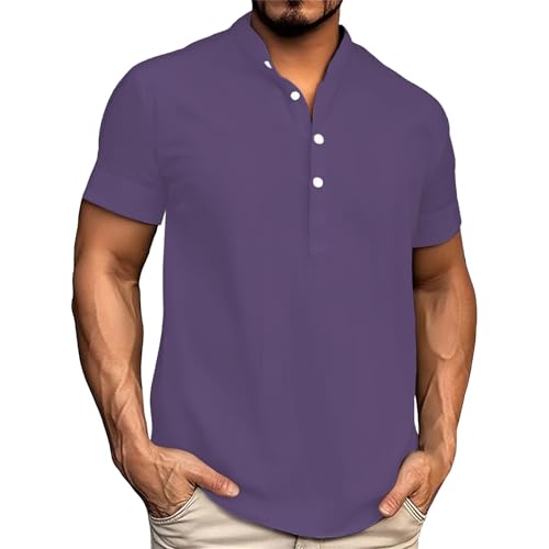Men's Casual Henley Shirts Short Sleeve Summer Beach T-Shirts Banded Collar Henleys Button Tee Shirt(Purple,4X-Large)