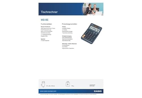 Casio Tischrechner MS-8E, 8-stellig, Währungsumrechnung, Gummifüße, Schnellkorrekturtaste, Solar-/Batteriebetrieb, silber