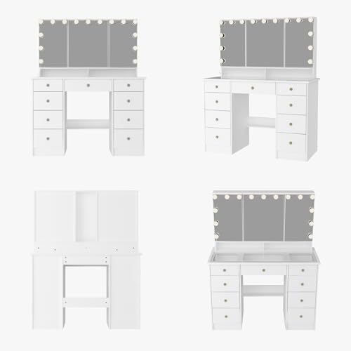 43.3 White Vanity Desk with Trifold Mirrors & Adjustable Hollywood Lights, 9 Storage Drawers