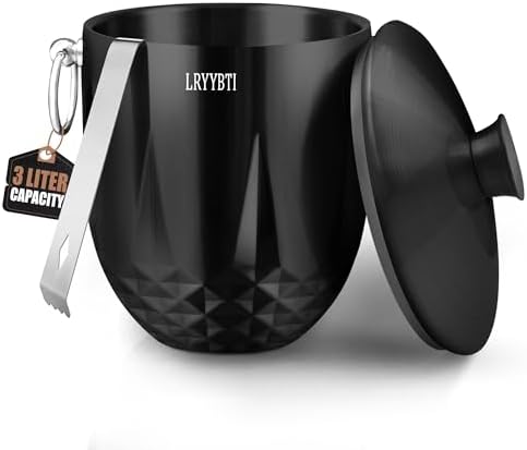 3L Ice Buckets for Parties and Cocktail Bar with Stainless Steel Lid,Tongs & Strainer(Black) Double-Wall Insulated Metal Ice Bucket Keep Ice Frozen Longer for Outdoor Champagne Ice Container Bin