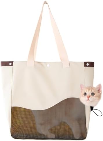 Fhiny Cat Purse Carrier, Small Dog Carrier Tote Breathable Mesh Pet Carrier Bag Soft Sided Adjustable & Foldable Kitten Travel Bag for Cats Kittens Rabbits Small Dogs Shopping Travel (Beige)