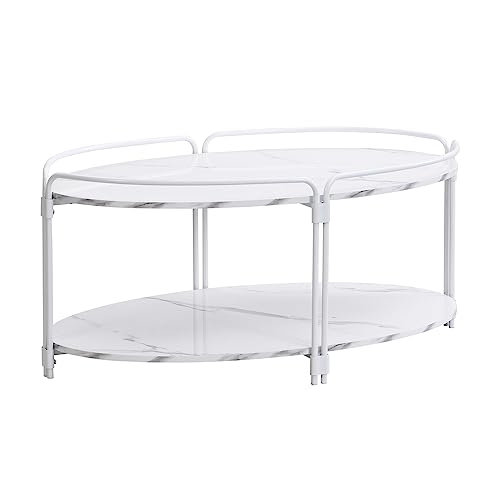 Ferfalder Faux Marble Coffee Table Modern Centre Table For Living Room Oval Cocktail Table Sturdy High Gloss Table Dining Room Office Balcony, White #TOP4