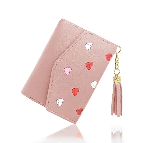 FuninCrea Ladies Purse Wallet, Small PU Leather Women’s Wallet, Three-fold Ladies Purse with 8 slots, Fashion Coin Purse with Embroidery Heart Pattern for Cash, ID Card, Credit Card (pink)