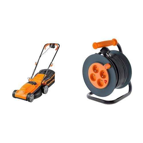 LawnMaster MEB1434M Tondeuse et tracteurs 1400W 34cm, 6 Hauteurs Réglable 20-70mm, 32L Bac de Ramassage 2 Ans de Garantie & Zenitech Enrouleur 4 Prises HO5VV-F 3G1mm² 25m + Coupe-Circuit, Noir/Orange