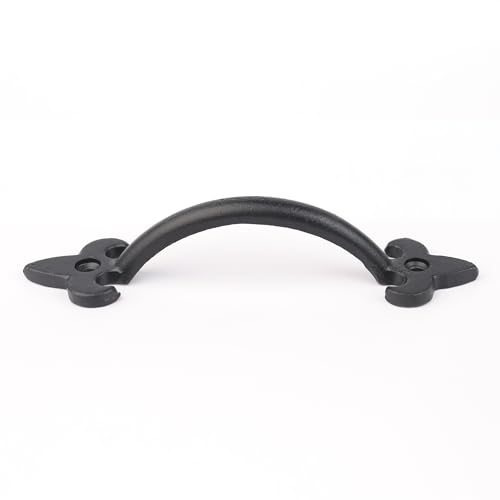 The Woodbury Lane 5 Pack Cabinet Handles with Screws, Solid Heavy Duty Cast Iron Fleur-De-LYS Bin Pull, Matte Black Vintage Cabinet Pulls for Barn Door, Kitchen & Bathroom Cabinets Cupboard by The Woodbury Lane - Used condition - US$26.17