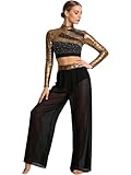 Riismen Ropa Baile Lírico Mujer Top Crop con Lentejuelas Pantalones Trasparentes Chifón Traje Baile Ballet Y Danza Contemporánea Oro M
