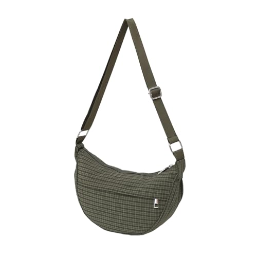 Checkered Nylon Crescent Bag for Women,Moon Bag with Metal Zipper and Card Slots