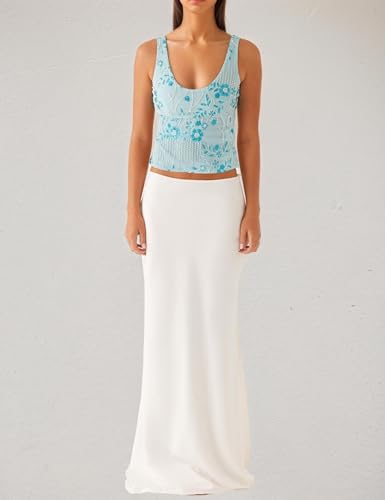 Women Y2k Sparkly Sequin Tank Tops Pearl Rhinestone Beaded Top Low Cut Scoop Neck Open Back Floral Crop Tops Party Blue4