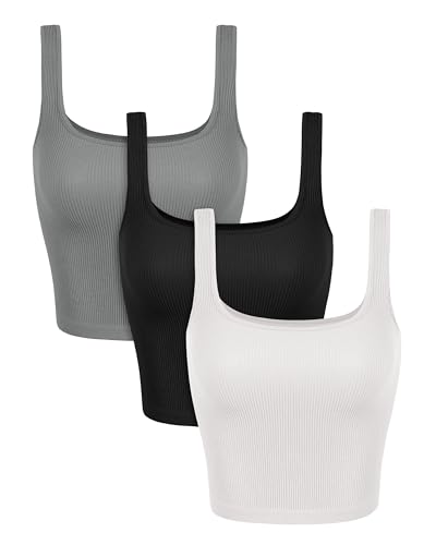 Image of ODODOS 3-Pack Seamless Square Neck Crop Tank for Women Ribbed Knit Soft Low Back Cropped Tops