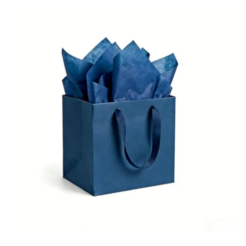 JUNESHE 2 Pack Medium Square Gift Bags with Handles & Tissue Paper, 7.87 inch Blue Paper Bag for Birthday Party Favors Baby Bridal Shower Presents Wedding Anniversary