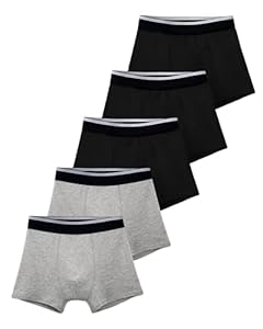TIICHOO Inkontinenz Boxershorts für Kinder Baumwoll Unterhosen für Jungen Waschbare Unterwäsche 5er Pack (8-10 Jahre, 3 Schwarz/2 Grau)