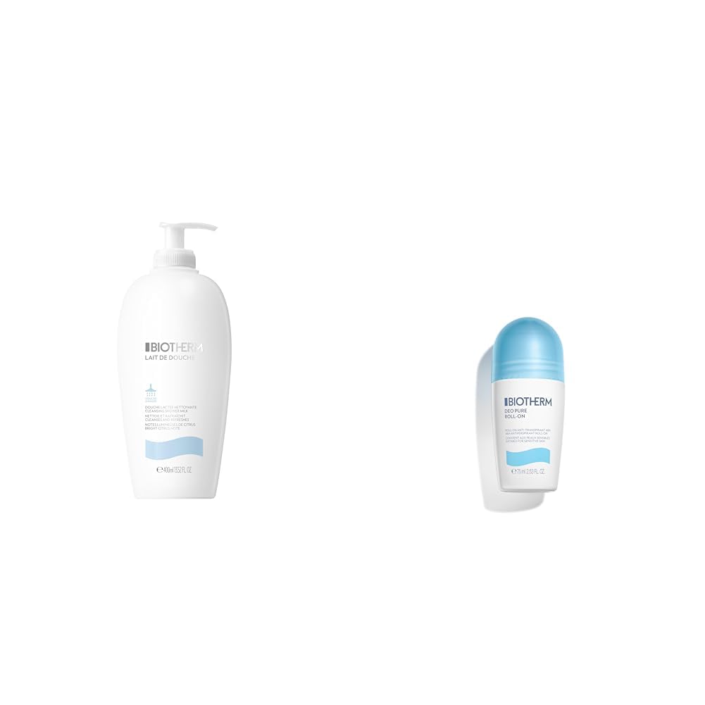 Biotherm Dusch- & Deo-Pflegeset mit Lait de Douche 400 ml & Deo Pure Roll-On 75 ml, feuchtigkeitsspendendes Duschgel & 48H Anti-Transpirant, Pflegeroutine für langanhaltende Frische