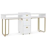 BarberPub Double Nail Tech Desk with Storage Drawers, Modern Manicure Table with Built-in AC Outlets & USB Ports for 2 People, Acetone Resistant Nail Salon Makeup Station 2451