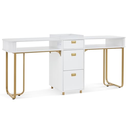 BarberPub Double Nail Tech Desk with Storage Drawers, Modern Manicure Table with Built-in AC Outlets & USB Ports for 2 People, Acetone Resistant Nail Salon Makeup Station 2451