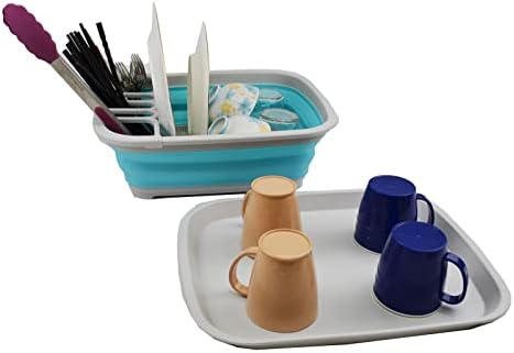 SAMMART 8L Collapsible Dish Drainer with Drainer Board - Foldable Drying Rack Set - Portable Dinnerware Organizer - Space Saving Kitchen Storage Tray (Grey/Cyanine, 1)