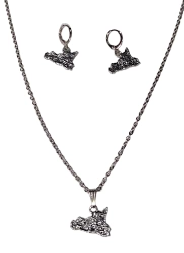 Ciondolo 2x2 cm Set Parure Sicily Orecchini e Collana con Ciondolo ISicilia Idea Originale per Regalo, Fatto a Mano, Gioielli Donna Sicilia Acciaio Martellato Piccolo