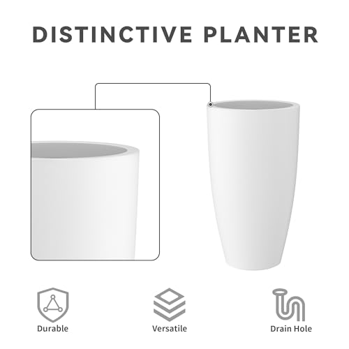 Kante 23.6" H Pure White Concrete Tall Planters (Set of 2), Large Outdoor Indoor Decorative Plant Pots with Drainage Hole and Rubber Plug, Modern Style for Home and Garden by Kante - Image 4