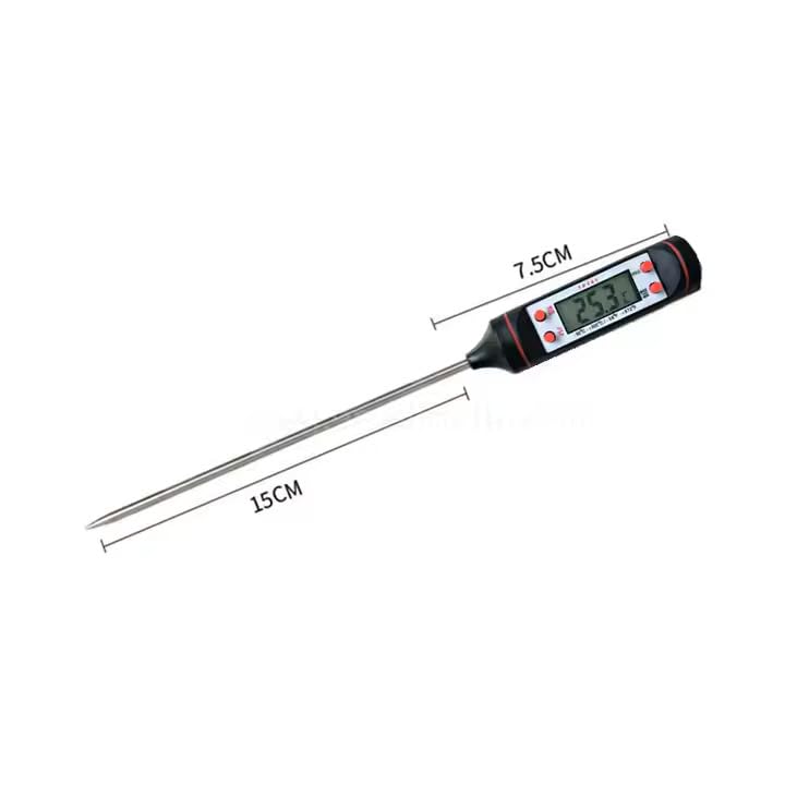 Dimensions of the TP101 Digital Food Thermometer, showing 7.5cm for the main unit and 15cm for the probe