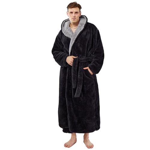 Men's Soft Fleece Plush Robe with Hood Super Warm Luxury Winter Full Length Long Bathrobe