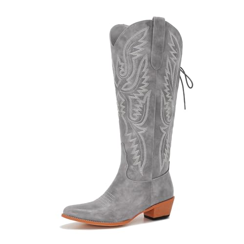 Image of Uillnoodu Wide Calf Cowboy Boots Women Adjustable Lace Up Knee High Tall Plus Size Cowgirl Boots Western Style Comfortable 2-Inch Heel