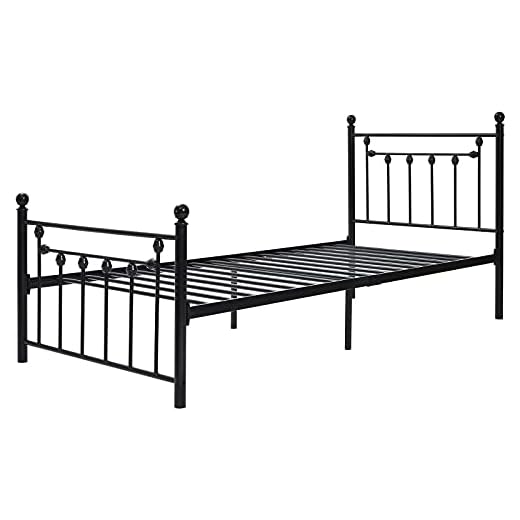 Enkelsäng metall säng sängram, 90 * 200 cm metall säng ram med huvud och fot sektion, säng för sovrum för barn, tonåringar och vuxna, svart