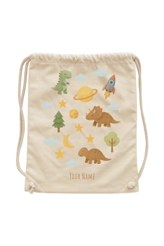 Jophy&Co Sacca Bambino Personalizzata | Zaino con Nome | 100% Cotone | Borsa Bambini Scuola/Asilo/Gita/Viaggi/Sport | 44x37cm (COD.8701) (Drago Fantasia B, Beige)