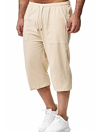 Hangnifang Men's Long Linen Shorts Below Knee Pocketed 3/4 Summer Drawstring Capri Pant(0131-Khaki-Xl) #TOP2