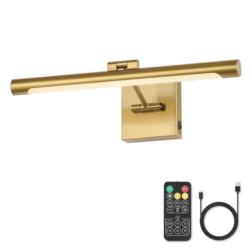 Joosenhouse Battery Operated Picture Lights for Wall Rechargeable Art Lighting for Paintings Wireless Gallery Light with Remote Control 16.54” Dimmable and Timed Off Wall Sconce Brass Color