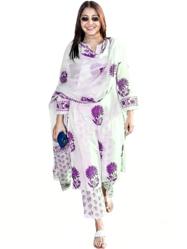 Image of Nermosa Women's Hand Block Floral Printed Straight Kurta Set with Palazzo Pants & Dupatta Ethnic Kurta Set for Casual Outings Day Events Summer Wear Festive
