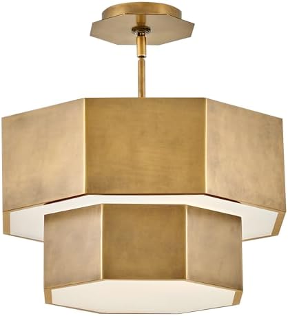 Hinkley Facet Medium Convertible Flush Mount Ceiling Light, (1) 6" and (2) 12" Down Rods, Even or Sloped Ceilings, Hexagonal Etched Glass, Even or Sloped Ceilings, Heritage Brass Finish