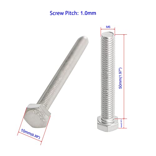 Image of 10 Pcs, SUS304 M6 x 50mm Hex Head Bolts Screws, Strength Grade A2-70 (Grade 5.8), Fully Threaded Plain Finish
