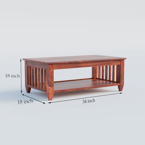 Image of Solid Sheesham Wood Rectangle Centre Table, Coffee Table For Living Room, Wooden Sofa Center Table With Shelf Storage for Home & Office | Rosewood, Honey Finish, Pre Assembled & Ready To Use