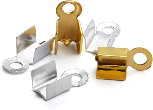 Image of Fold Over Crimp Cord Ends for Jewellery Making, Cord End Caps for DIY Necklace and Bracelet Making Gold and Silver 4 x 8 mm 100 Pieces (50 Gold + 50 Silver)