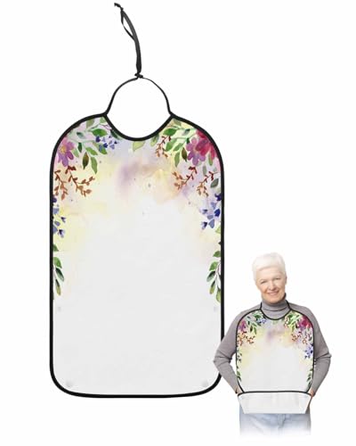 LEOKOTI Spring Floral Botanical Adult Bibs for Eating, Waterproof Bibs with Food Catcher & Snap Closure, Watercolor Summer Flowers Elegant Washable Clothing Protectors Adult Bibs for Elderly