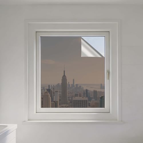 Lámina Protectora Solar para Ventana 110 x 330 cm Anti UV Anti Calor Unidireccional Vinilo para Ventanas Efecto Espejo No Pegamento para Hogar Oficina Tienda, té de Plata