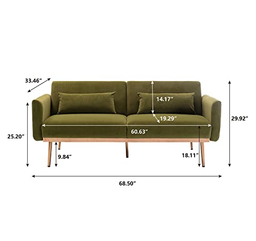 Kinffict Velvet Futon Sofa Bed With 2 Small Pillows, Modern Sleeper Sofa Couch With Rose Gloden Metal Trim, Convertible Loveseat For Living Room, Office (Green) #TOP6