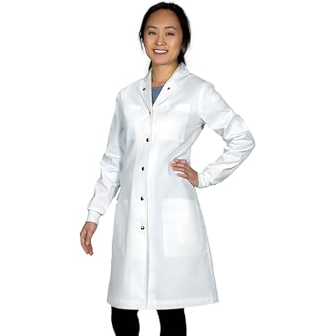 Genius Lab Gear "Curie Women's Science Lab Coat - 100% Cotton, Snaps & Cuffs, Long Fitted Adjustable Belt Howie Collar for Chemistry, Biology, Scientist, Chemist, Female Adults, (White, Medium) Cover