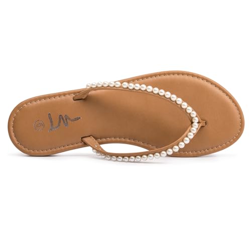 Image of LM Women's Pearls Strappy Flat Sandals Thong Sandals Flip Flop Slip On Slide Sandals for Women Dressy Summer