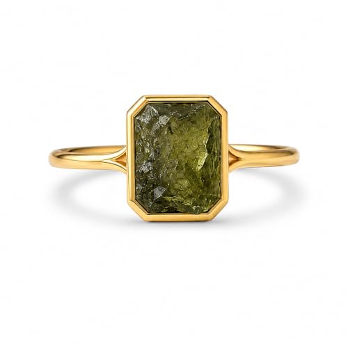 Emerald Cut Raw Moldavite Engagement Ring for Women14K Yellow Gold Bezel Set Wedding Ring Minimalist Solitaire Unique Anniversary Jewelry Gift For Her