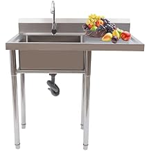 304 Stainless Steel Utility Sink with Drainboard, One Compartment Commercial Restaurant Sink Set w/Faucet, Utility Sinks Washing Hand Basin w/Workbench for Kitchen,Yard, Bar, Laundry