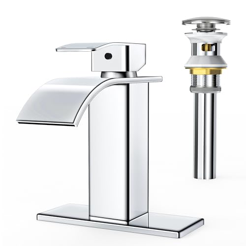 RUACQ Waterfall Bathroom Faucet,Single Handle Bathroom Sink Faucets for 1 or 3 Hole, Stainless Steel Washbasin Mixer Tap with Deck,Pop-up Drain and Supply Hoses (Chrome)