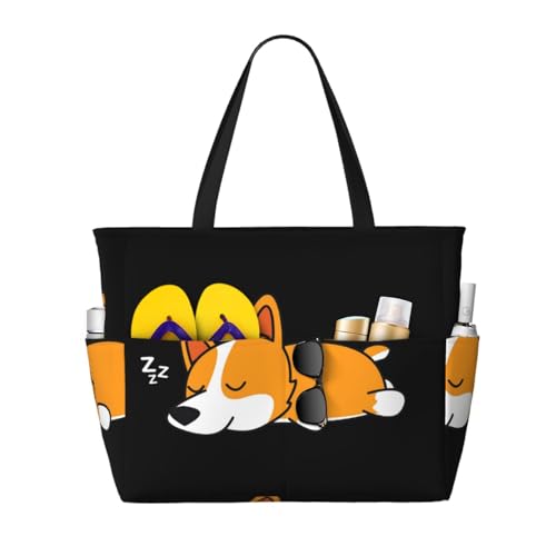 Grand sac de plage sac à bandoulière pour femme fourre-tout imprimé chien corgi